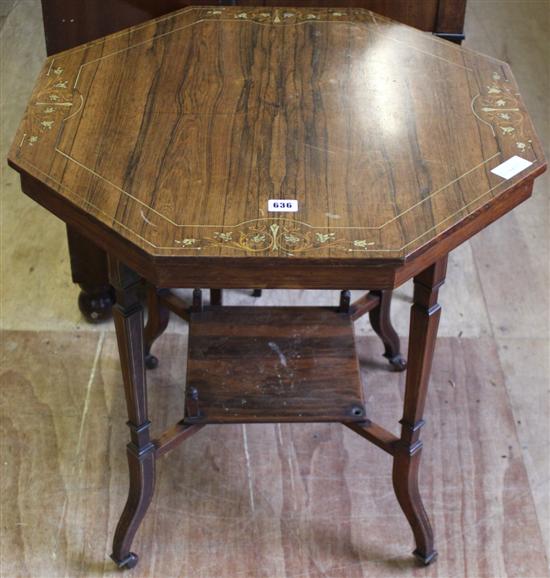 Inlaid octagonal 2 tier table, signed Shoolbred